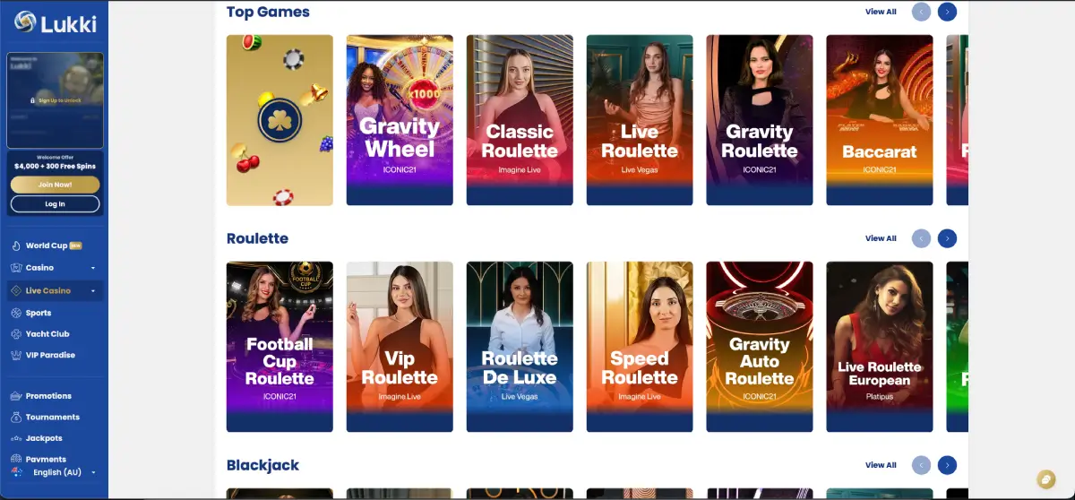 Games available at Lukki casino AU